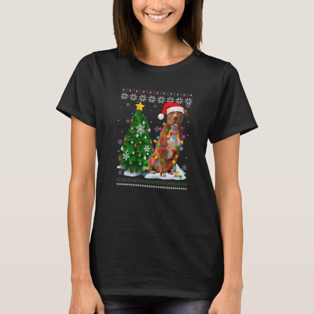 Ugly Pitbull Dog Santa Hat Christmas Tree Light T-Shirt (Front)
