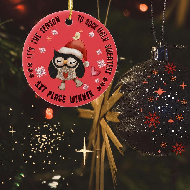 Ugly Sweater 1st Winner Owl Ceramic Ornament (Ugly Sweater 1st Winner Owl Ceramic Ornament)
