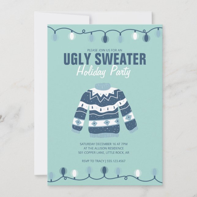 Ugly Sweater Blue Green Holiday Party Invitation (Front)