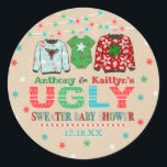 Ugly Sweater Christmas Baby Shower Classic Round Sticker<br><div class="desc">Celebrate in style with these trendy baby shower stickers. The design is easy to personalize with your own wording and your family and friends will be thrilled when they see these fabulous stickers.</div>