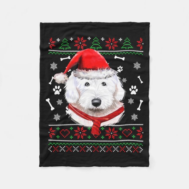 Ugly Sweater Christmas Bobtail Dog Santa Hat Pajam Fleece Blanket (Front)