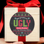 Ugly Sweater Christmas Chalkboard Nordic Knit Name Classic Round Sticker<br><div class="desc">“Have yourself an ugly sweater Christmas.” Celebrate the holiday season in “style” with these unique, fun stickers! A cute, Nordic knit fair isle pattern of whimsical trees, reindeer, ornaments, along with playful “sweater” typography in red, green and aqua blue, overlay a chalkboard background. Choose from a round or square shape,...</div>