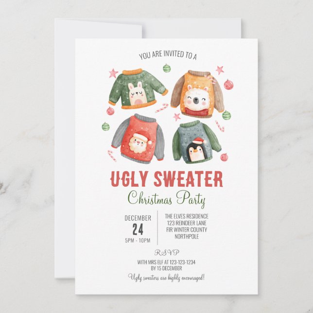 Ugly Sweater Christmas Invitation, Family Dinner Invitation (Front)