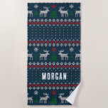 Ugly Sweater Christmas Knitted Pattern Custom Beach Towel<br><div class="desc">This enchanting knit-style towel captures the cozy essence of the holiday season, transforming any space into a warm and inviting Christmas wonderland. With its intricate patterns reminiscent of traditional Nordic designs, the beach towel features charming motifs of snowflakes, reindeer, and evergreen trees designed together in a festive array. The textured...</div>