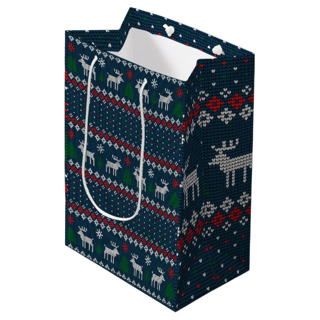 Ugly Sweater Christmas Knitting Pattern Holiday Medium Gift Bag (Front Angled)
