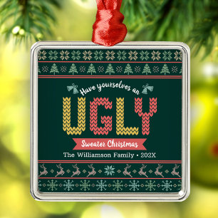 Ugly Sweater Christmas Nordic Hunter Green Knit Metal Ornament
