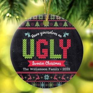 Ugly Sweater Christmas Nordic Knit Fun Chalkboard Ceramic Ornament