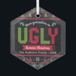 Ugly Sweater Christmas Nordic Knit Fun Chalkboard  Glass Ornament<br><div class="desc">“Have yourself an ugly sweater Christmas.” Help decorate your tree in “style” with this unique, fun holiday premium glass ornament! Nordic knit fair isle pattern of whimsical trees, reindeer, ornaments, along with playful “sweater” typography in red, green and aqua blue, overlay a chalkboard background. Feel the warmth and joy of...</div>