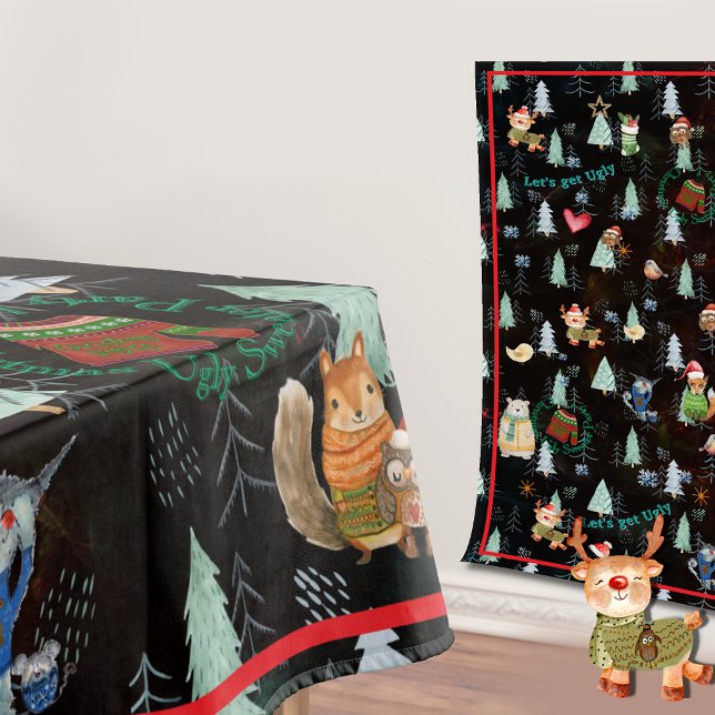 Ugly Sweater Christmas Party cute Animals Tablecloth (Ugly Sweater Christmas Party Animals Tablecloth)