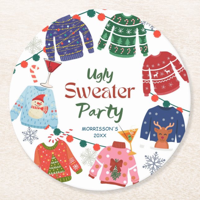 Ugly sweater Christmas party funny Round Paper Coaster (Front)