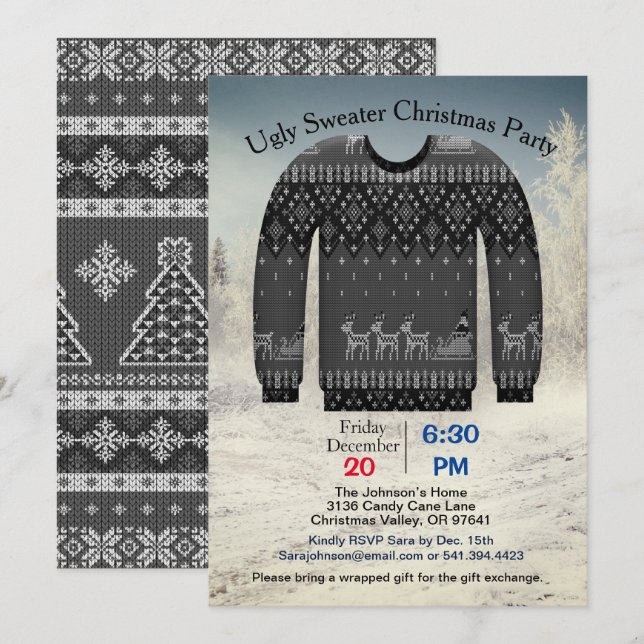 Ugly Sweater Christmas Party, Gray with Deer Invitation (Front/Back)