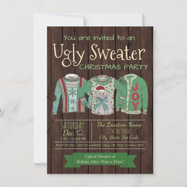 Ugly Sweater Christmas Party Invitations Rustic (Front)