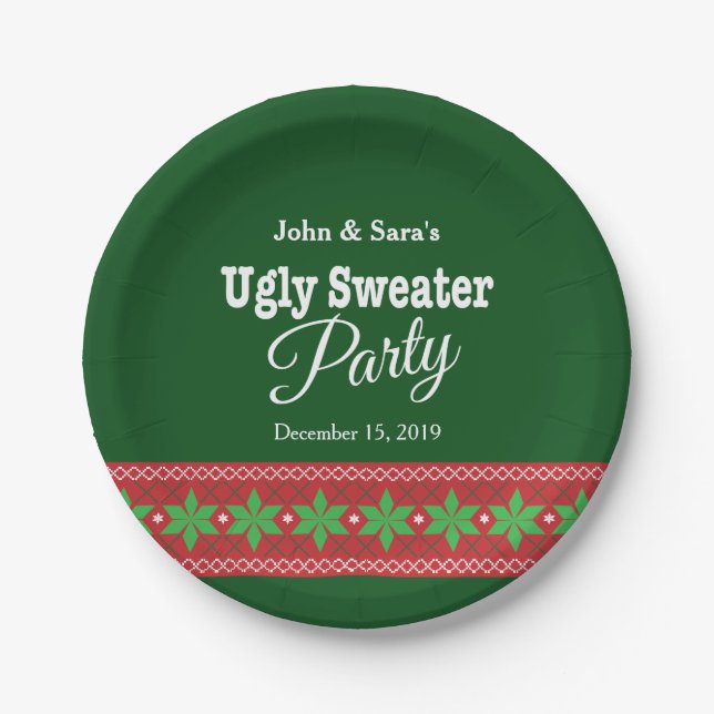 Ugly Sweater Christmas Party, Personalized Paper Plate (Front)