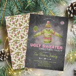 Ugly Sweater Christmas Party Pink Black Chalkboard Invitation<br><div class="desc">Ugly Sweater Christmas Party vintage inspired invitation with a knitted raspberry pink and fern green sweater,  winter hat and a lollipop over a dark grey chalkboard background with a washed pink watercolor overlay.            Sweaters,  hats and snowflakes pattern on the reverse.          Personalize it with your details!</div>