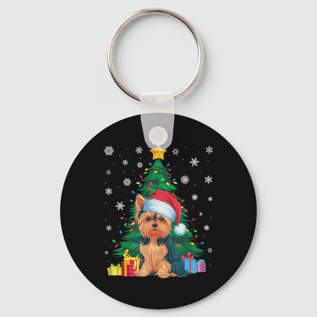 Ugly Sweater Christmas Tree Lights Yorkie Dog Sant Keychain (Front)