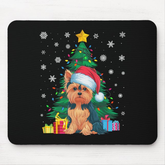 Ugly Sweater Christmas Tree Lights Yorkie Dog Sant Mouse Pad (Front)