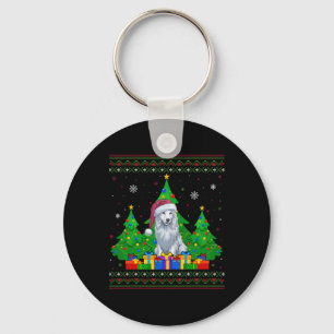 Ugly Sweater Christmas Tree Santa Hat Akbash Dog X Keychain