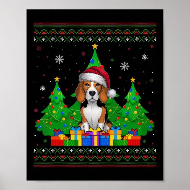 Ugly Sweater Christmas Tree Santa Hat Beagle Dog X Poster (Front)