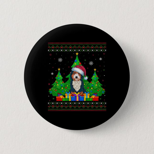 Ugly Sweater Christmas Tree Santa Hat Bernedoodle  2 Inch Round Button (Front)