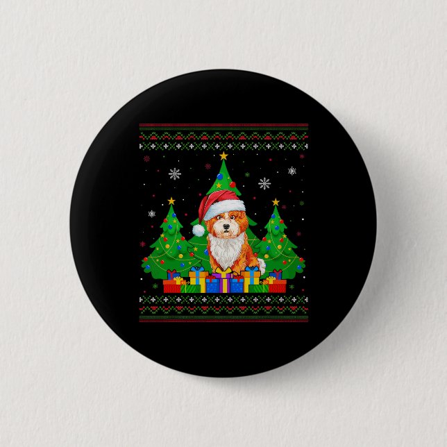 Ugly Sweater Christmas Tree Santa Hat Shichon Dog  2 Inch Round Button (Front)