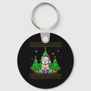 Ugly Sweater Christmas Tree Santa Hat Westie Dog X Keychain