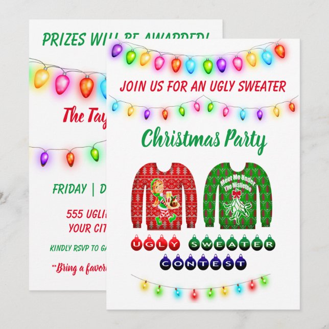 Ugly Sweater Contest Colourful Christmas Party Invitation (Front/Back)