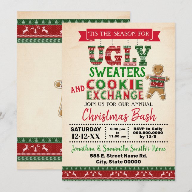 Ugly sweater & Cookie exchange Christmas bash Invitation (Front/Back)