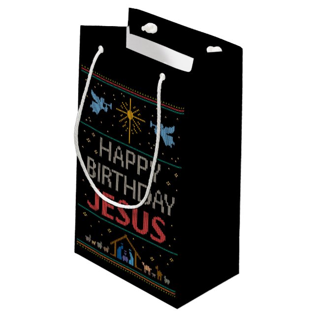 Ugly Sweater Design Happy Birthday Jesus Religious Small Gift Bag (Back Angled)