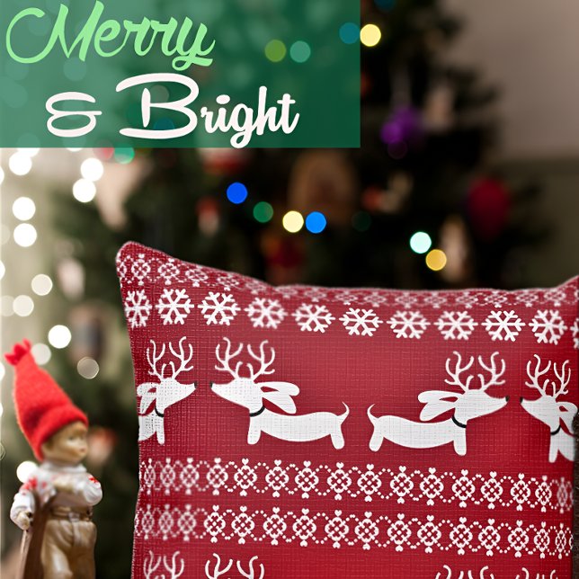 Ugly Sweater Fair Isle Reindeer Dachshund Pillow (Dachshund masquerading as a reindeer for wiener dog themed Christmas.)