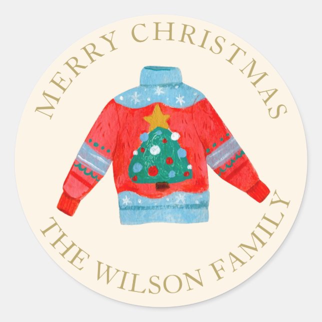 Ugly Sweater Family Cute Merry Christmas Holiday Classic Round Sticker (Front)