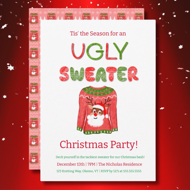 Ugly Sweater Funny Reindeer Christmas Party Invitation (Creator Uploaded)