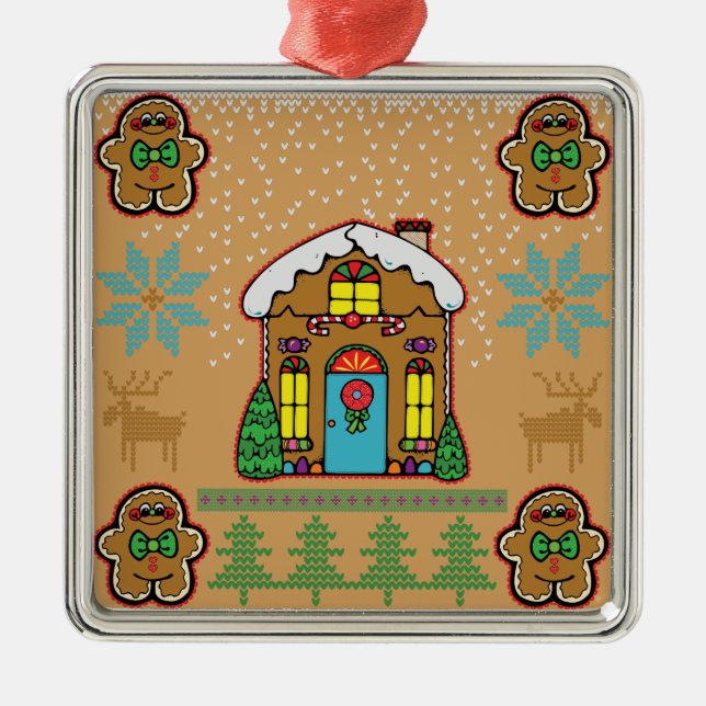 Ugly Sweater Gingerbread House Men Metal Ornament (Front)