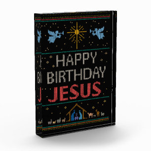 Ugly Sweater Happy Birthday Jesus Religious Red Photo Block
