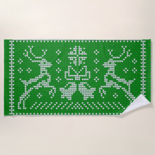 Ugly sweater jingle bells Christmas deers green  Beach Towel