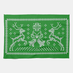 Ugly sweater jingle bells Christmas deers green Kitchen Towel