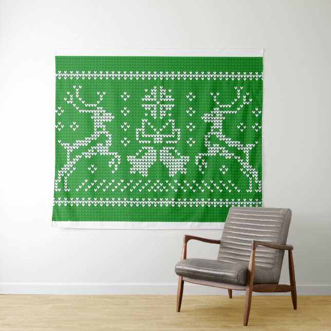 Ugly sweater jingle bells Christmas deers green  Tapestry (In Situ (Horizontal))