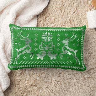 Ugly sweater jingle bells Christmas deers green To Lumbar Pillow
