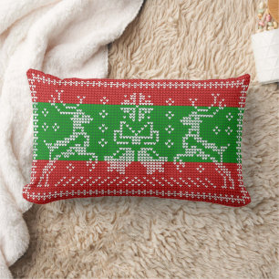 Ugly sweater jingle bells Xmas reindeers crochet Lumbar Pillow
