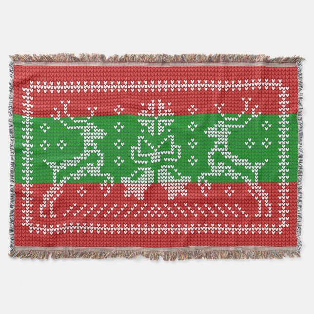 Ugly sweater jingle bells Xmas reindeers crochet Throw Blanket (Front)