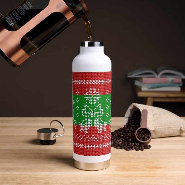 Ugly sweater jingle bells Xmas reindeers crochet Water Bottle (Coffee)