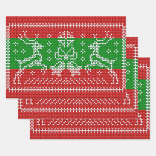 Ugly sweater jingle bells Xmas reindeers crochet Wrapping Paper Sheet