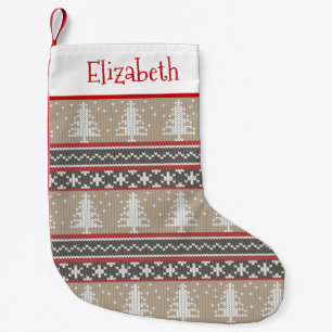 Ugly Sweater Knit Christmas Pattern   Tan and Red Small Christmas Stocking