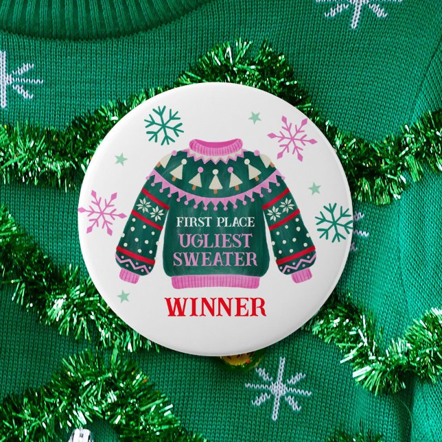 Ugly Sweater Party 1st Place Contest Winner 4 Inch Round Button (Ugly Sweater Party 1st Place Contest Winner Button)