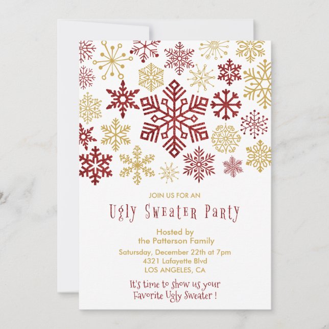 Ugly sweater party invitation Elegant Snowflakes (Front)