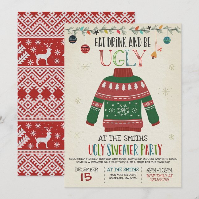 Ugly Sweater Party Invite Eat Drink And Be Ugly (Front/Back)