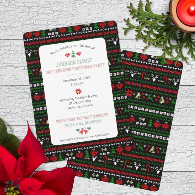Ugly Sweater Pattern Christmas Holiday Party  Invitation (Traditional Ugly Sweater pattern Christmas Holiday Party Invitation with Faux Stitched Typography)