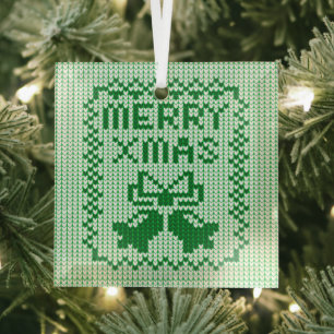 Ugly sweater pattern jingle bells and Merry Xmas w Glass Ornament