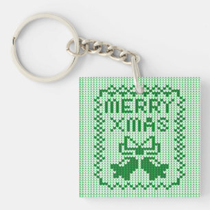 Ugly sweater pattern jingle bells and Merry Xmas w Keychain