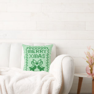 Ugly sweater pattern jingle bells and Merry Xmas w Throw Pillow