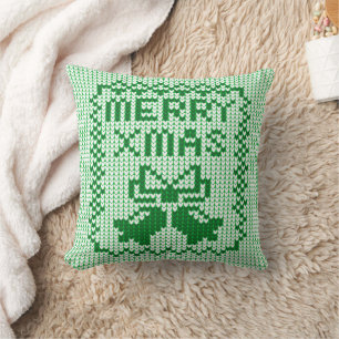 Ugly sweater pattern jingle bells and Merry Xmas w Throw Pillow